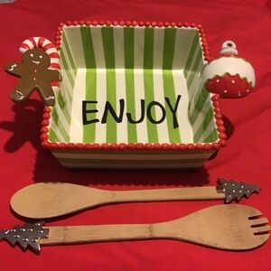 Festive Striped Serving Bowl with Utensils